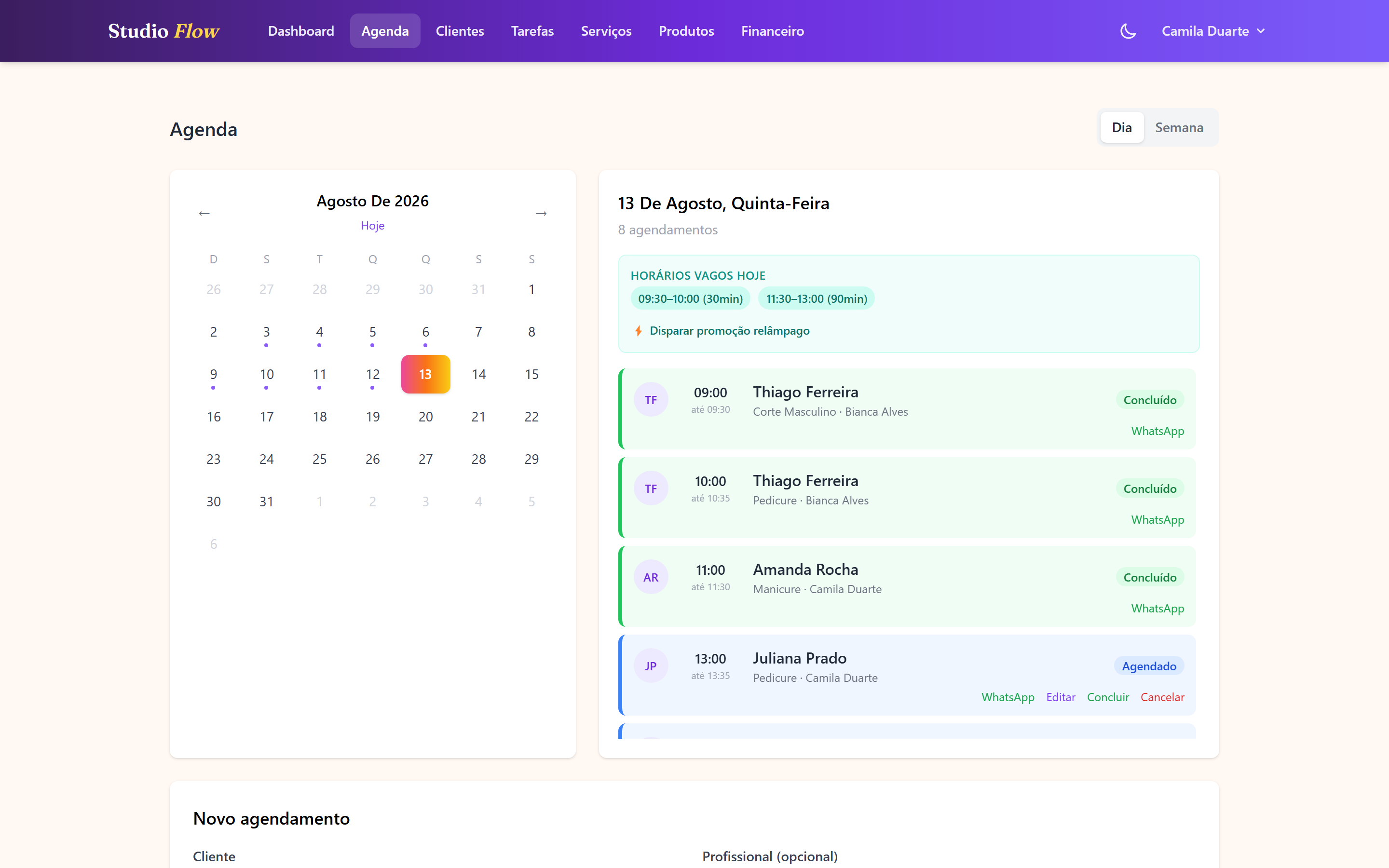Tela de agenda do SalãoFlow