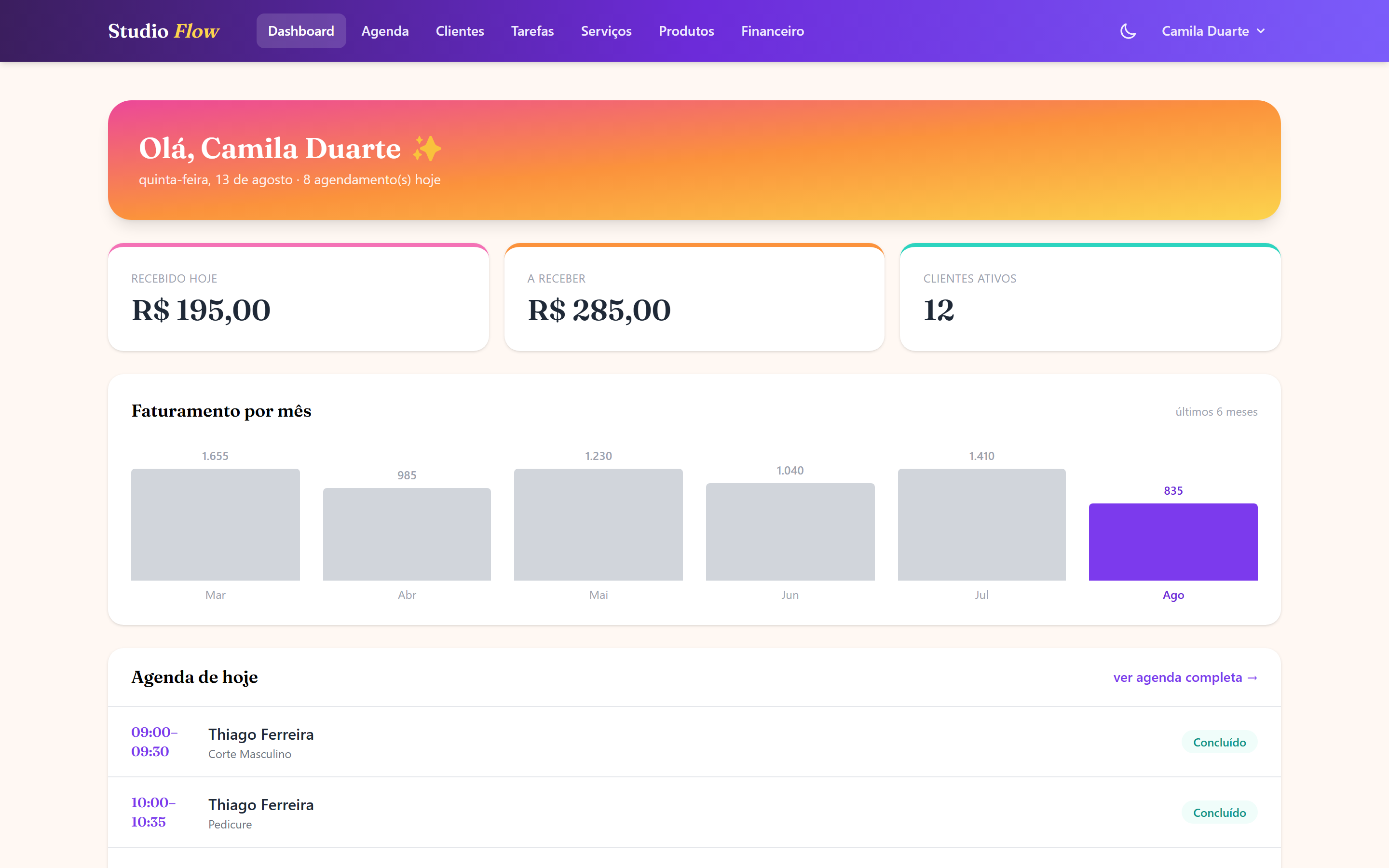 Dashboard do SalãoFlow mostrando faturamento, agenda do dia e clientes ativos